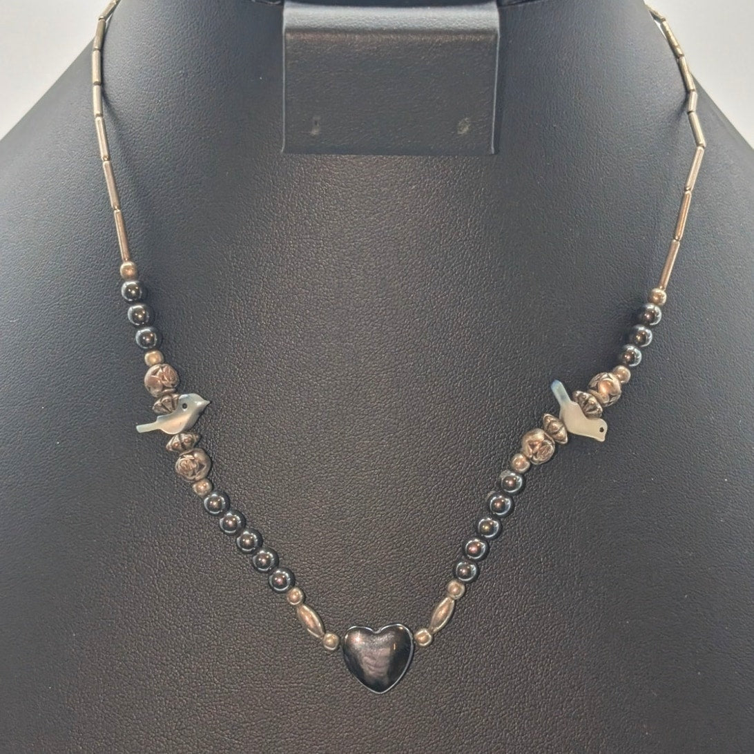 Vintage Liquid Silver Hematite Carved Bird Heart Beaded 17" Necklace