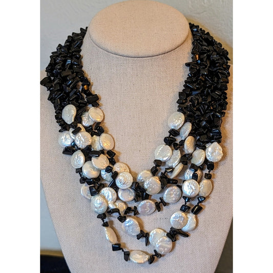 Six Strand White Coin Pearl Black Onyx Chip Sterling Slide In Clasp Necklace