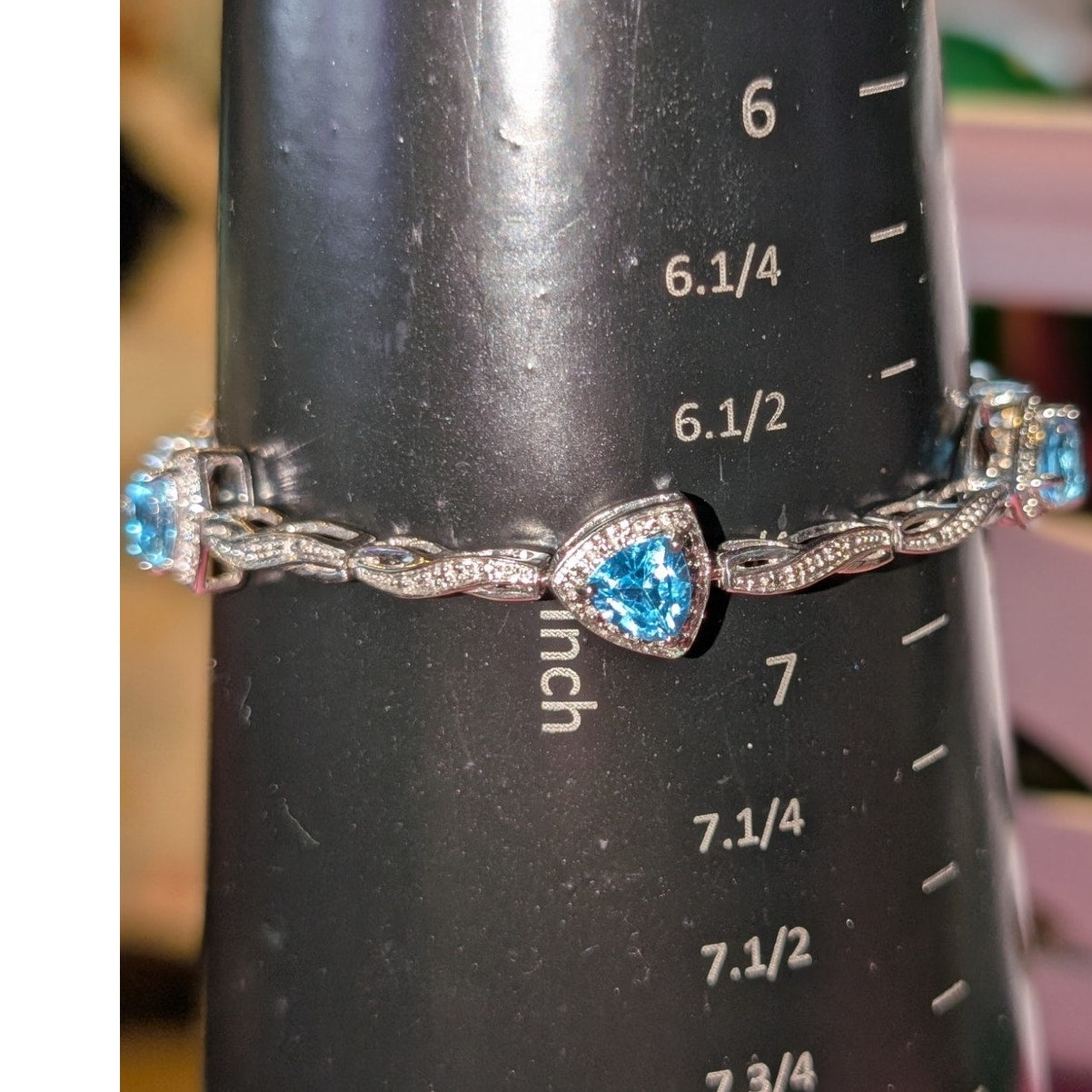 Trillion Cut Blue Topaz & Diamond Marked 925 Sterling Silver Bracelet