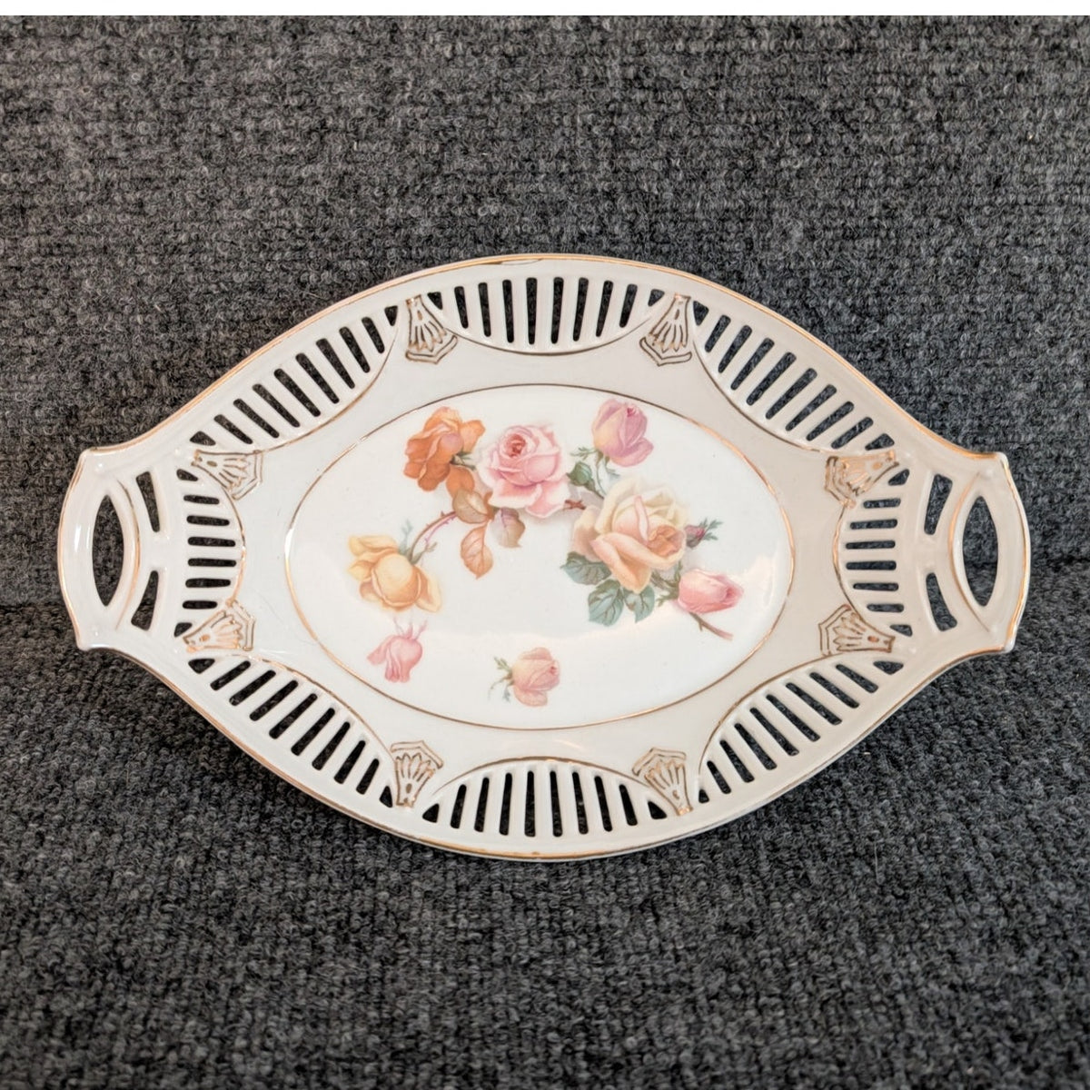Vintage German Porcelain Pierced Lattice Rose Floral Bread Serving Bowl