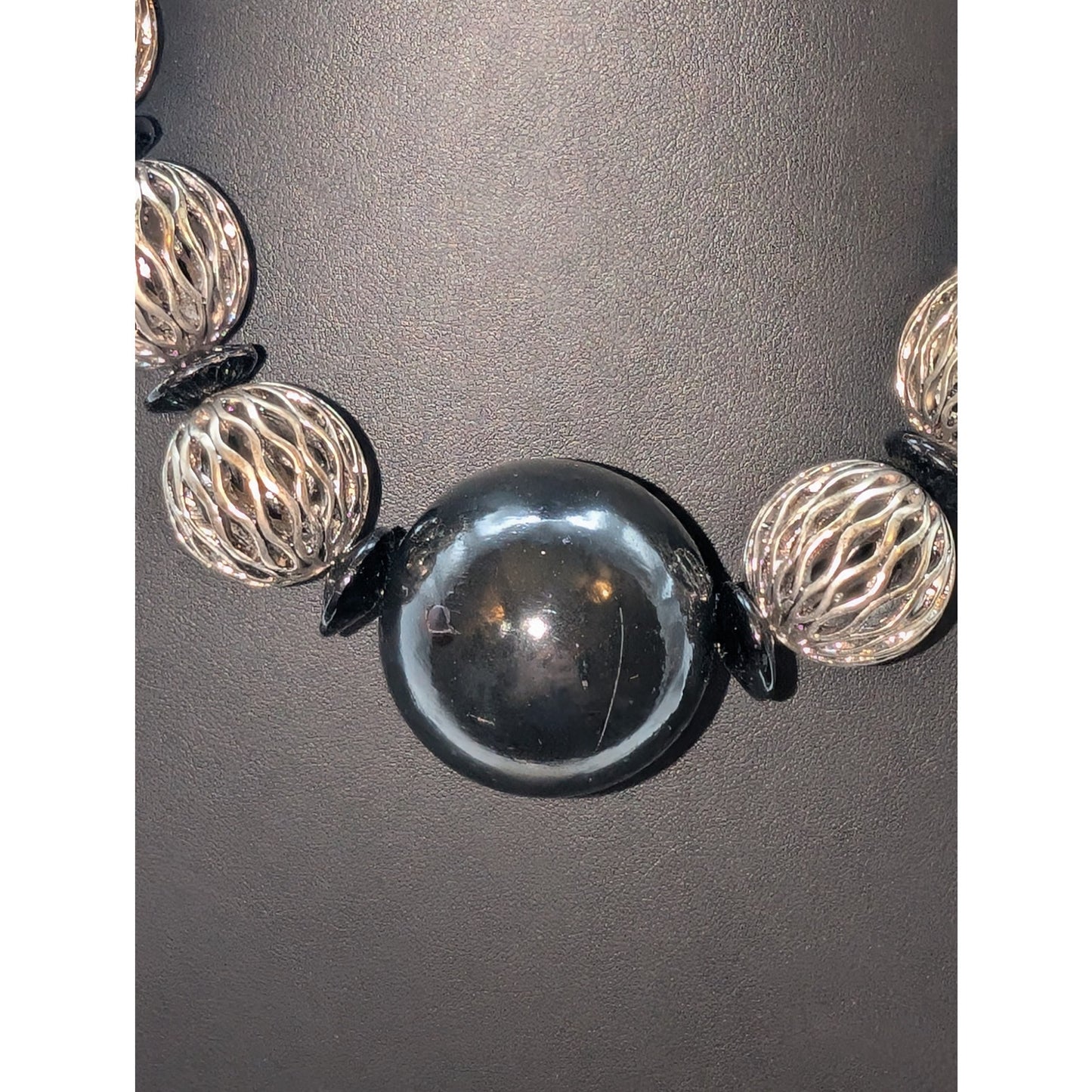 Chunky Heavy Blackened Silver Tone Black Ball Caged Bead Hook Clasp 22" Necklace