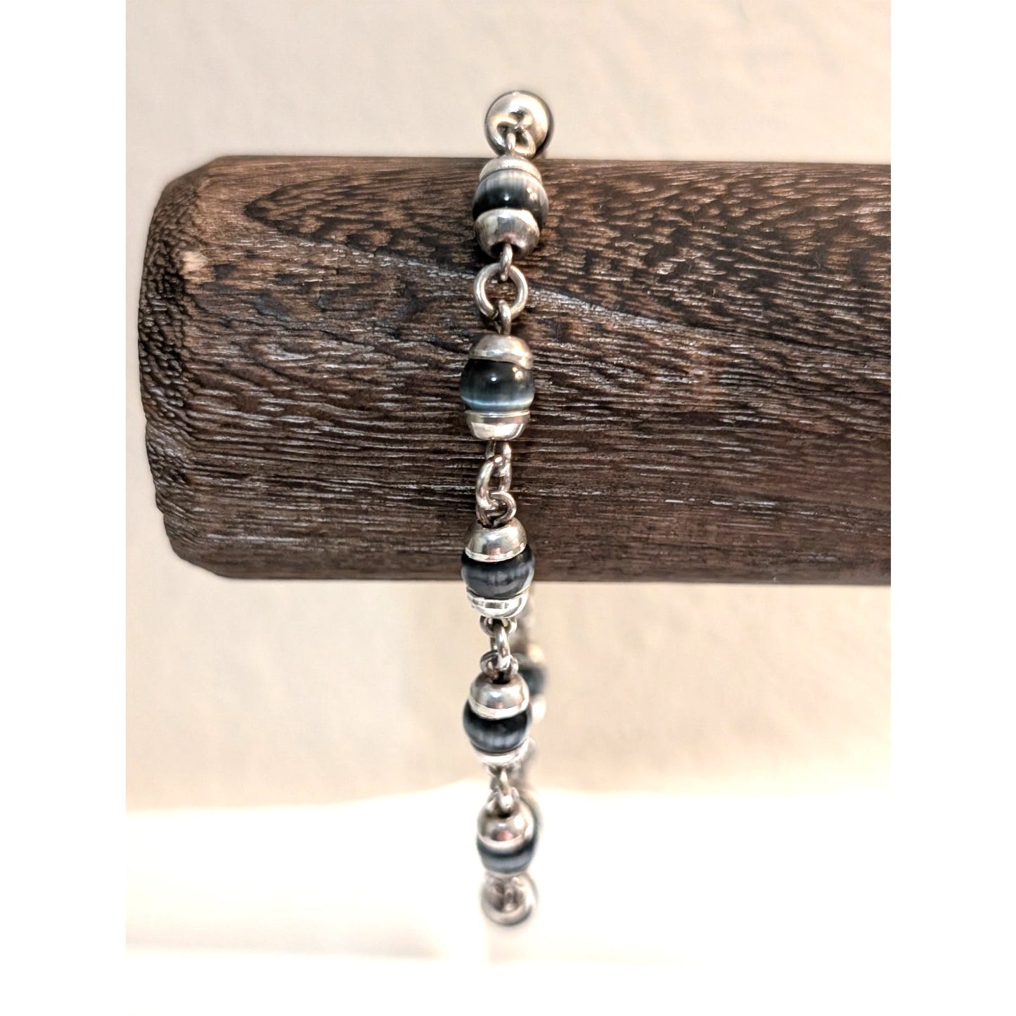 Vintage Gray Cat's Eye Glass Bead 925 Sterling Silver Hook Clasp Bracelet