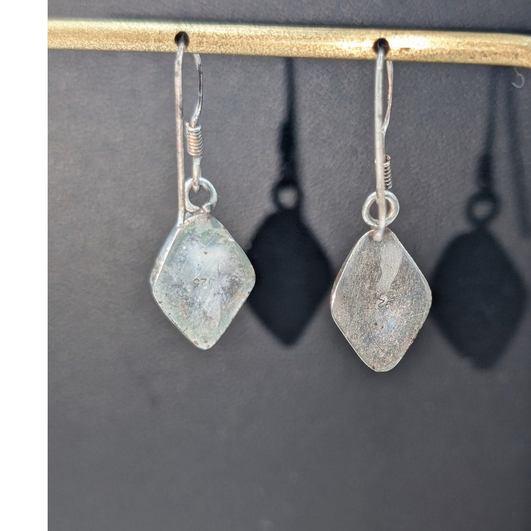 Vintage 925 Sterling Silver Diamond Shape Pink Stone Dangle Earrings