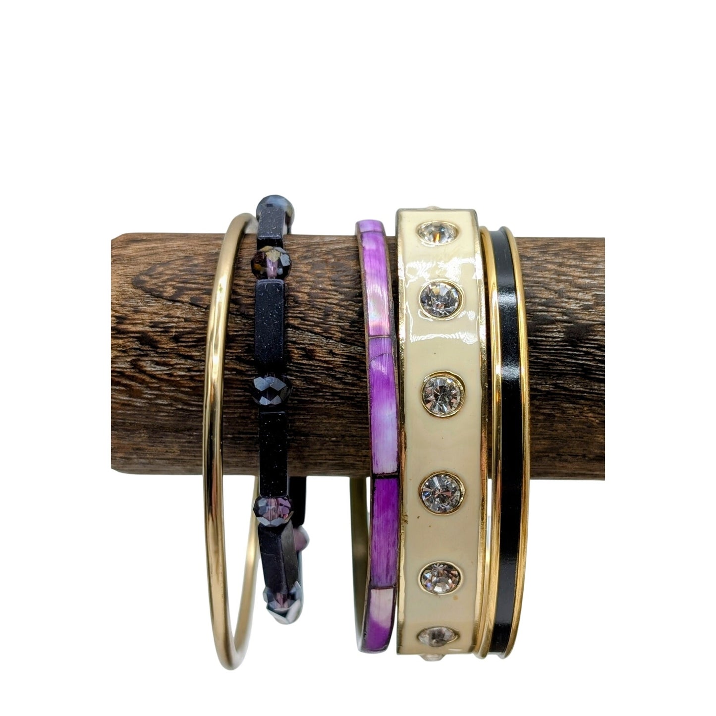 Lot of Four Purple Cream Black Theme Bangles & One Purple Stone Bead Bracelets