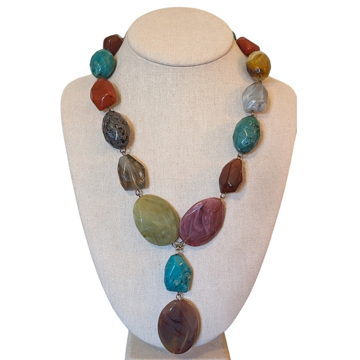 Chunky Multi-Color Multi-Shape Faceted Acrylic Bead Y-Drop Statement Necklace