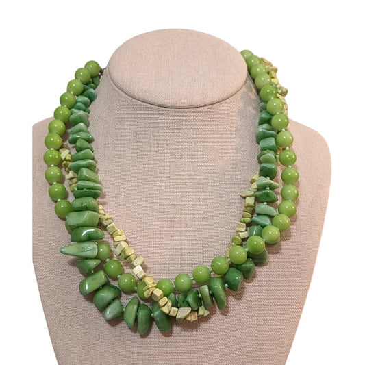Spring Green Three Strand Bead/Stone Necklace