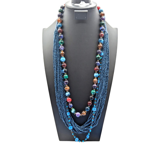 Three Piece Blue Vintage Tribal Boho Look Necklace Layered Lot