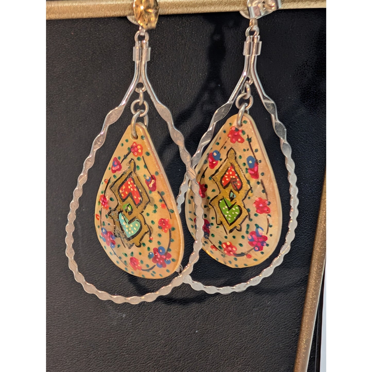 Vtg Middle Eastern Persian MOP Hand-Painted Two-Sided Bird Dangle/Drop Earrings