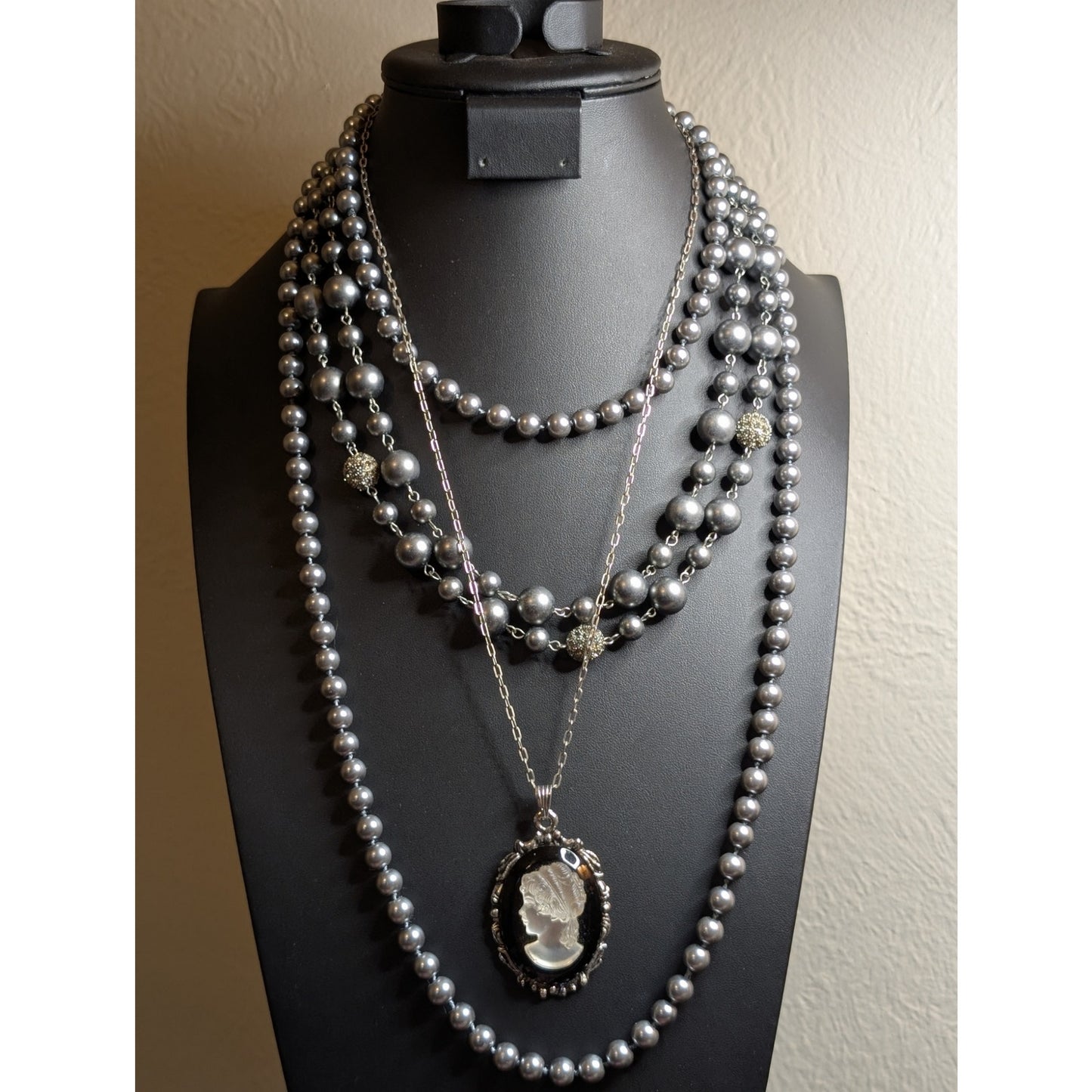 Layered Look Three Silver Pearl Cameo Silver Tone Themed Necklaces
