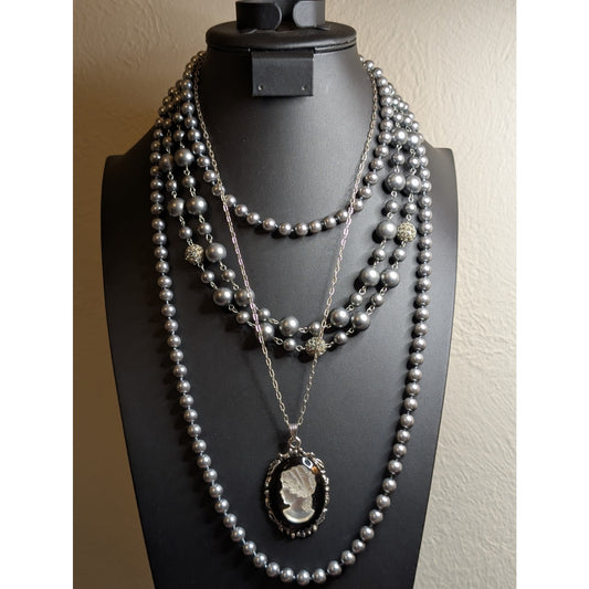 Layered Look Three Silver Pearl Cameo Silver Tone Themed Necklaces
