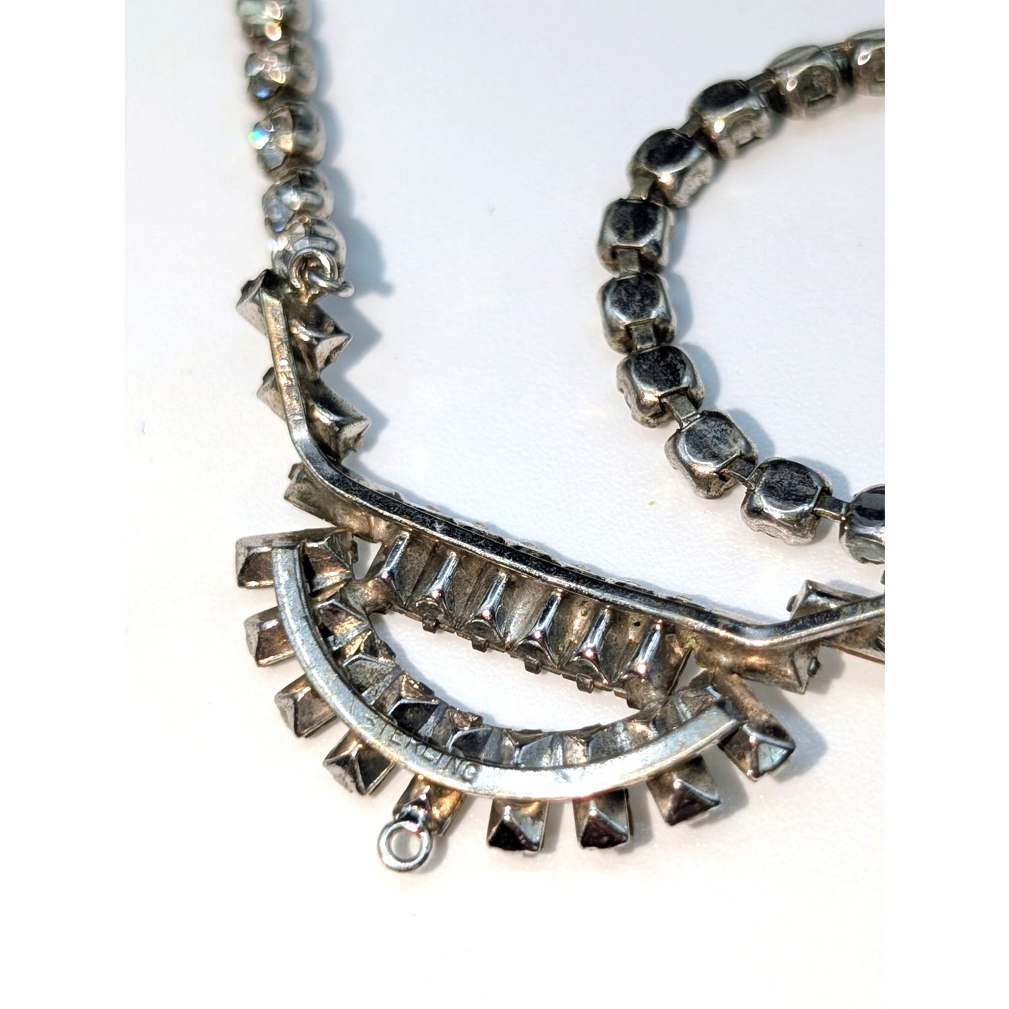 Vintage Marked WH Sterling Silver Crystal Fold Over Clasp 17.5" Necklace