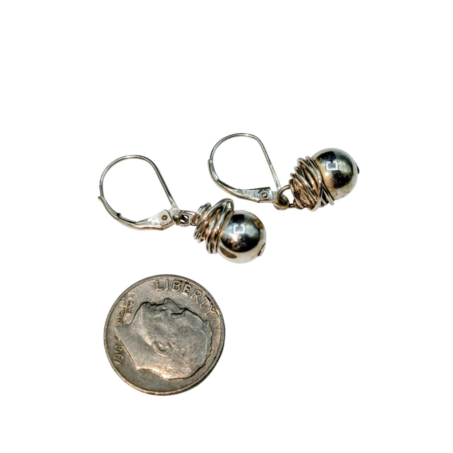 925 Sterling Silver Wire Wrapped Ball Lever Back Dangle Earrings