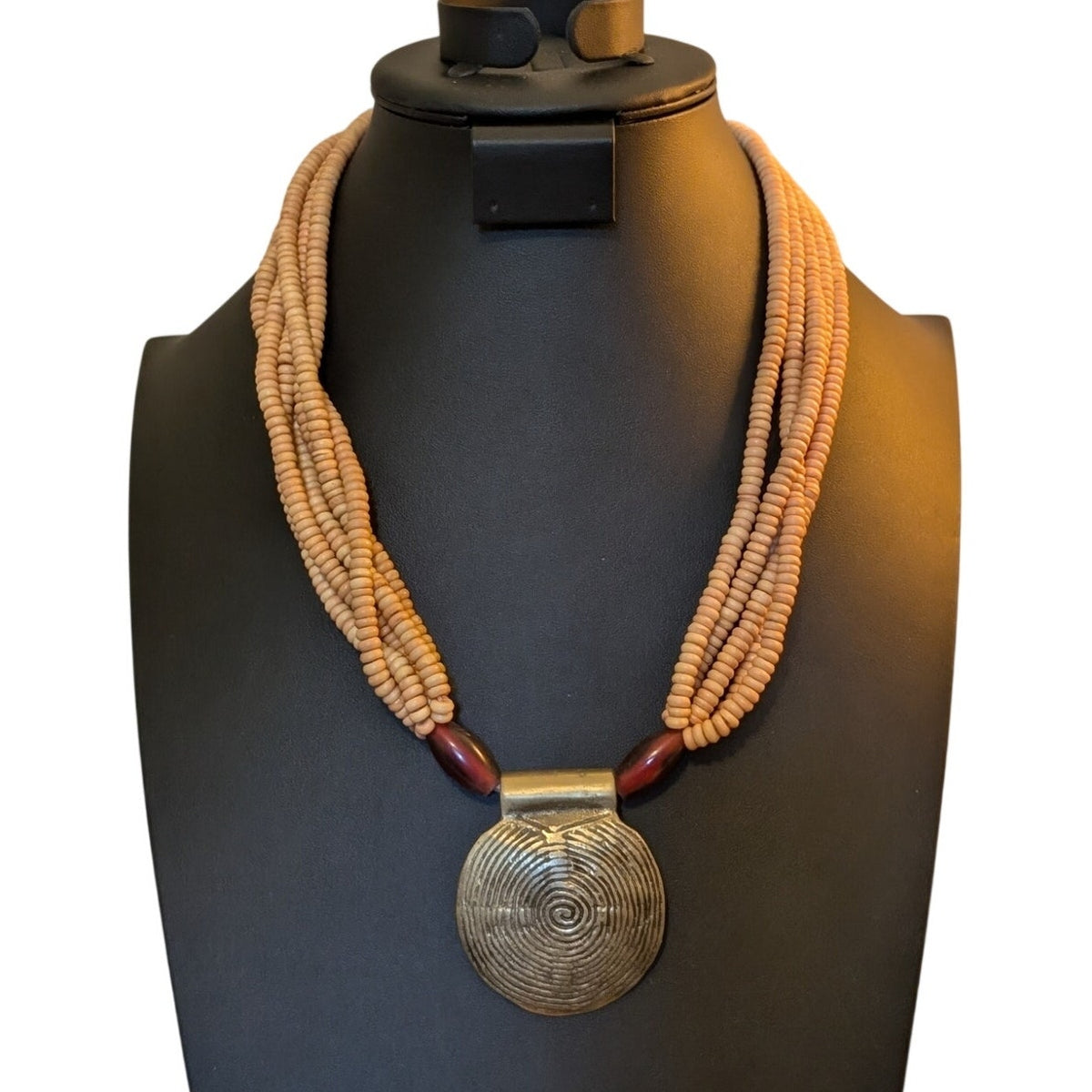 Vintage Tribal Medallion Pendant Multi-Strand Beaded Necklace W/ Button Clasp