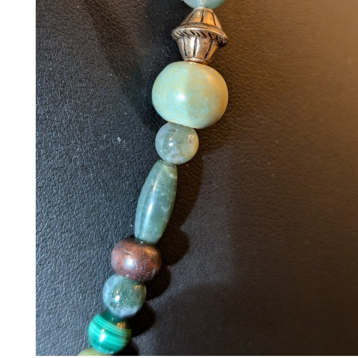 Green Stone Glass Bead Necklace W/ Carved Mint Green Center Bead