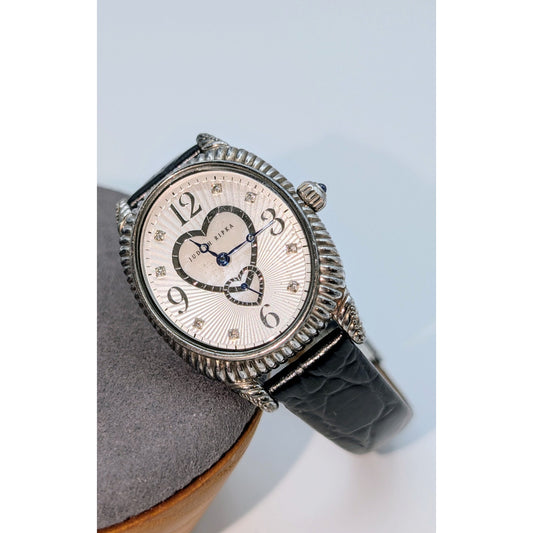 Judith Ripka MOP Sterling Silver Case Genuine Leather Band Double Heart Watch