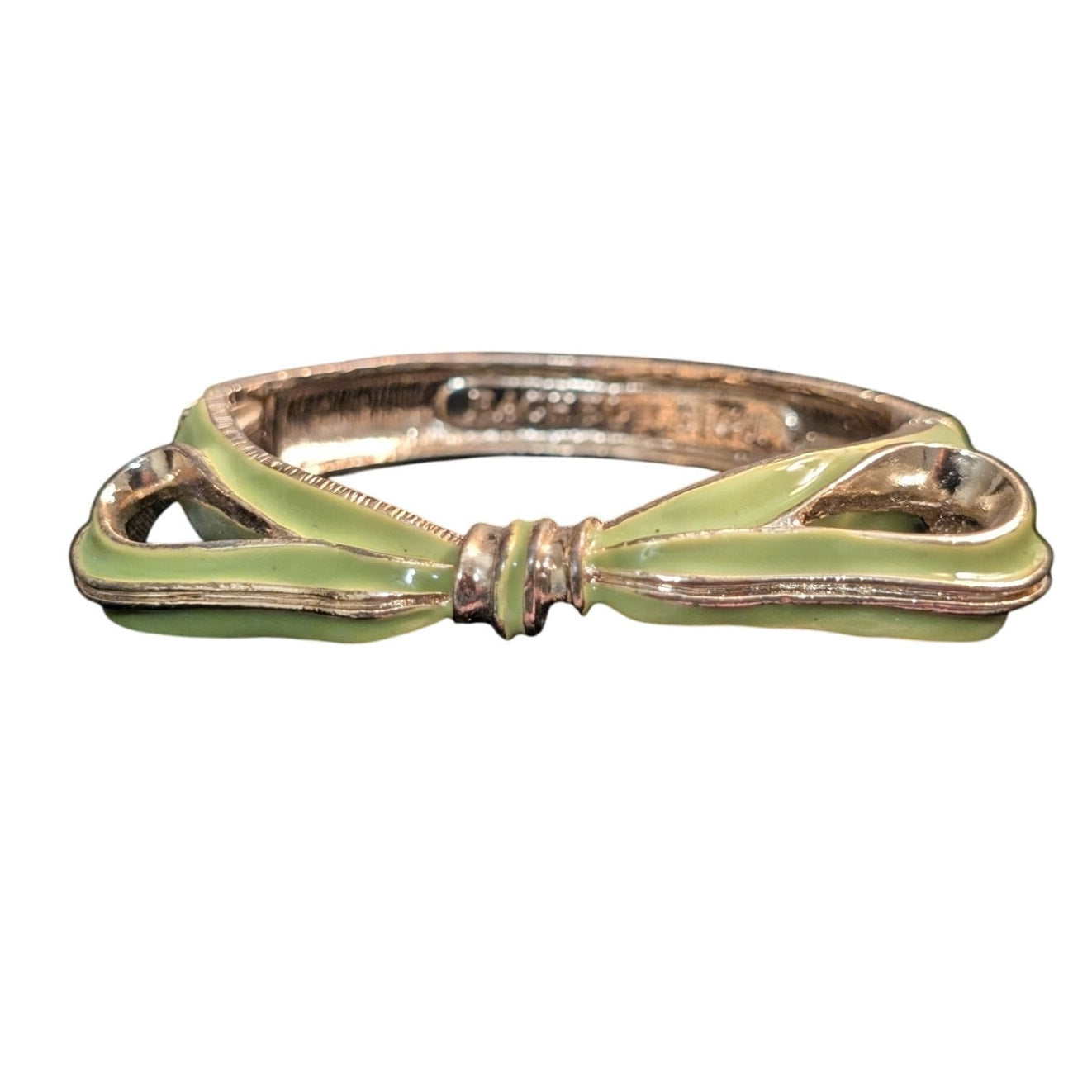 Vintage Rachel Leigh Gunmetal Gray & Lime Green Enamel Gold Tone Hinge Bow Cuffs