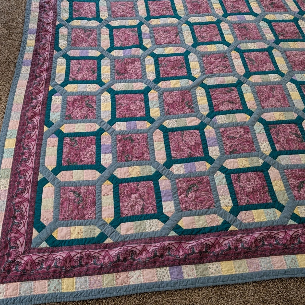 Vintage 84" X 102" Teal Blue & Mauve Cotton Hand Stitched Quilt