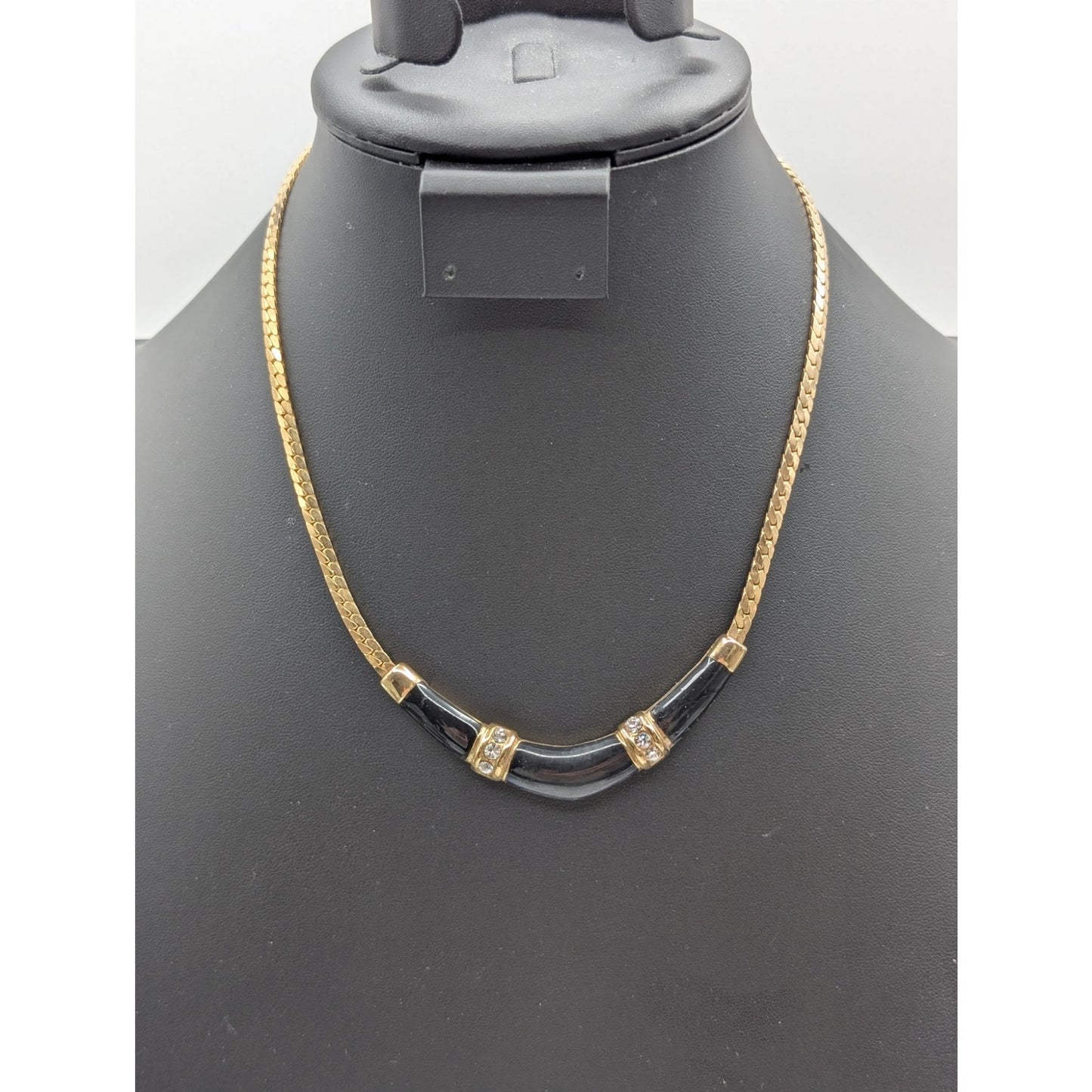 Vintage 1990s Black Enamel Clear Rhinestone Boomerang Gold Tone Classic Necklace