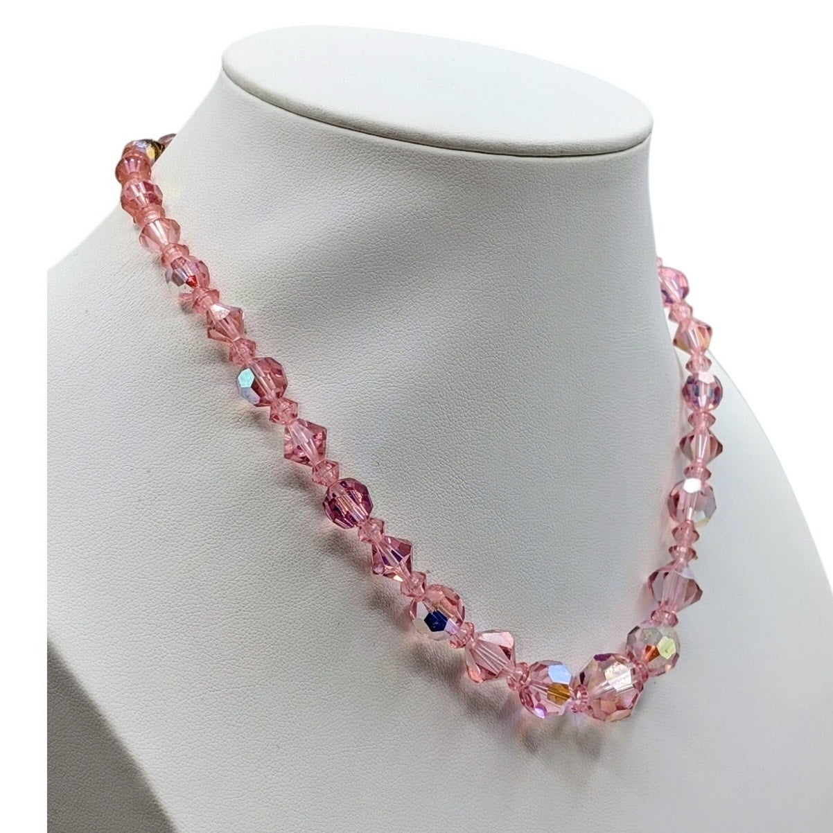 Vintage Pink Faceted AB Crystal Graduated Bead Hook Clasp 14"-15.5" Necklace