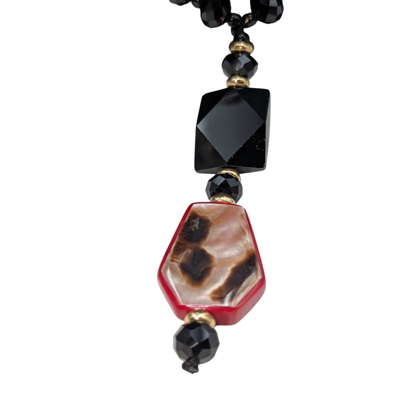 Chico's Collectibles Black Glass Red Lucite Animal Print Shell Dangle Necklace