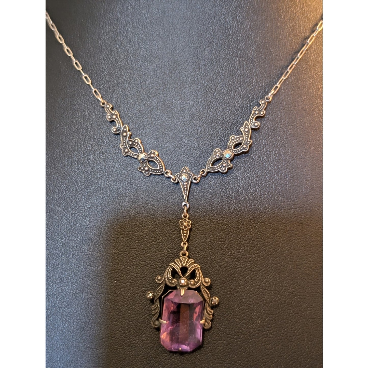 Antique Art Deco Sterling Amethyst Marcasite Filigree Pendant Paperclip Necklace
