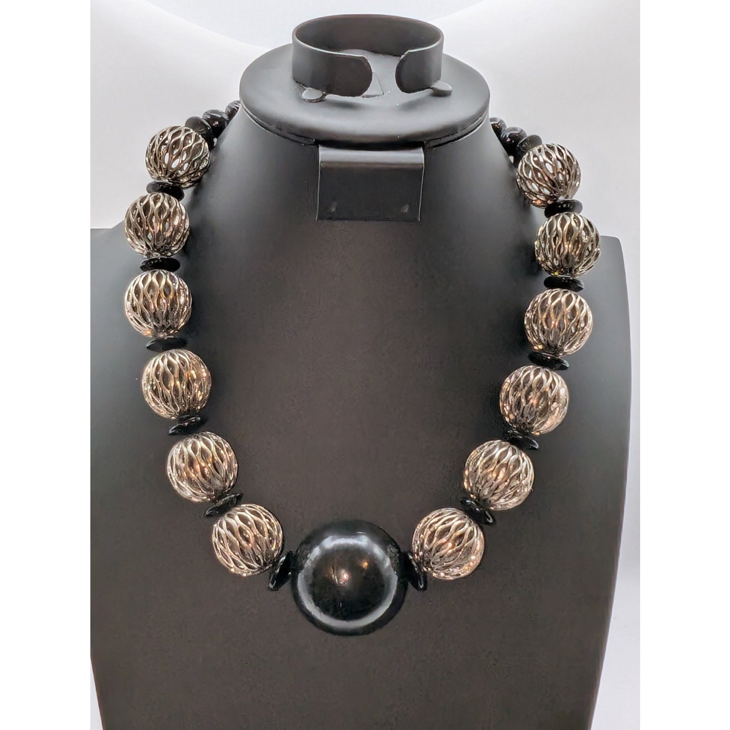 Chunky Heavy Blackened Silver Tone Black Ball Caged Bead Hook Clasp 22" Necklace