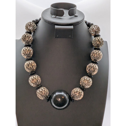 Chunky Heavy Blackened Silver Tone Black Ball Caged Bead Hook Clasp 22" Necklace