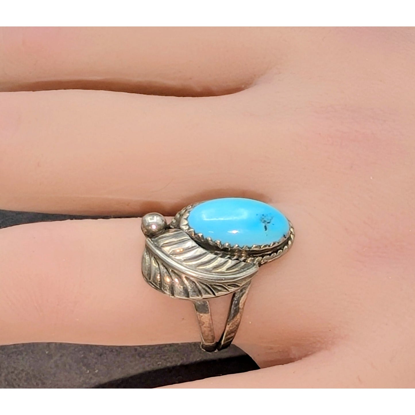 Vtg 925 Sterling Silver Southwestern Turquoise Feather Split Shank Ring Size 6.5