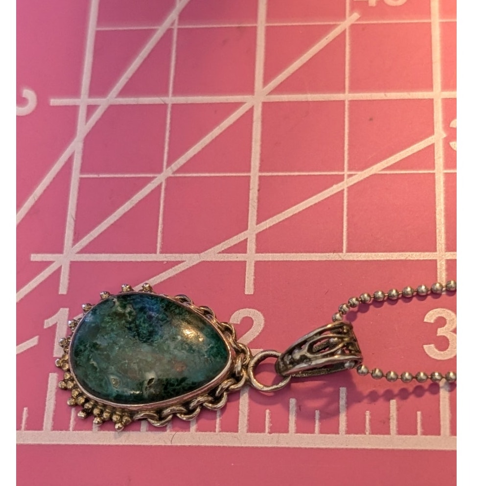 Vintage Chrysocolla 925 Sterling Silver Pendant on Bead Ball Chain Marked 925