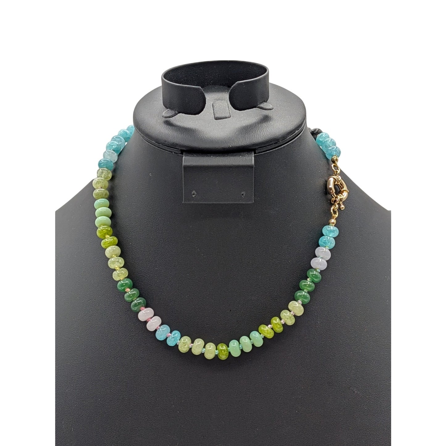 Green Blue Natural Gemstone Beaded Hand Knotted Choker 17.5" Necklace