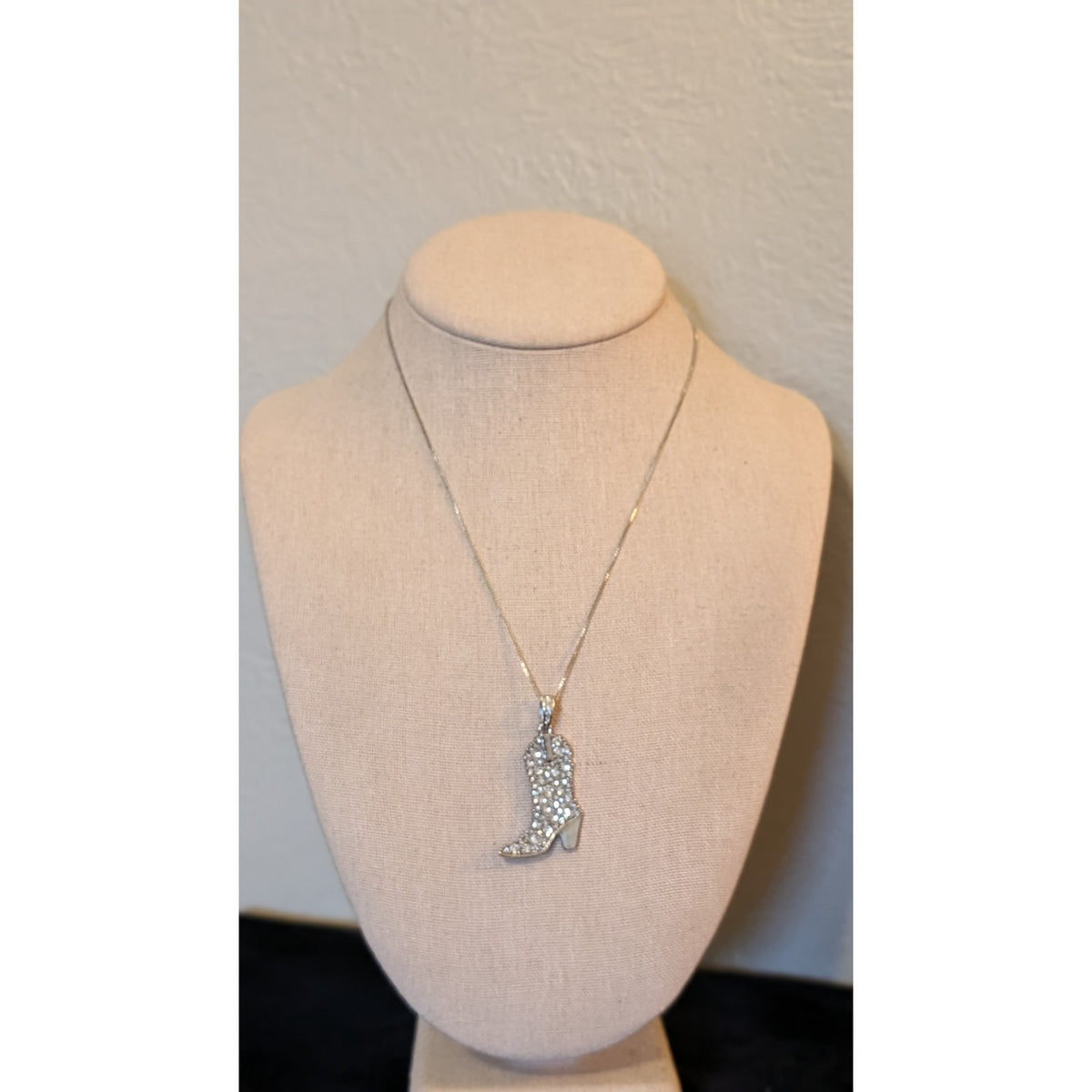 Silver Tone Rhinestone Country Western Cowgirl Boot Pendant Box Chain Necklace