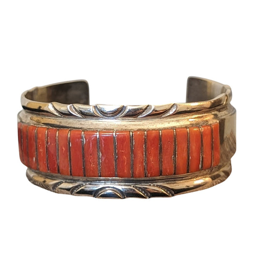 VTG Signed Zuni El Gasper Red Coral Inlay Sterling Silver Cuff Bracelet 44g
