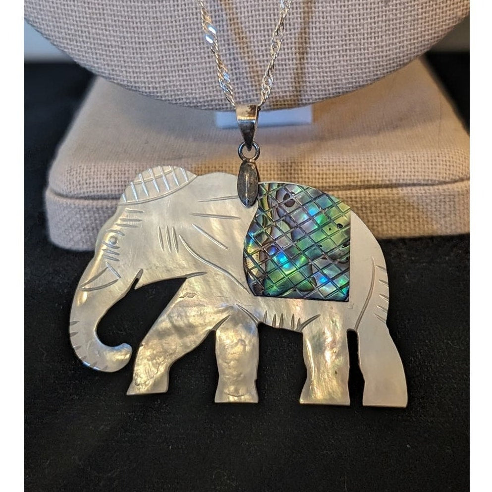 Mother of Pearl Carved Elephant W/ Abalone Inlay on Sterling 925 Chain