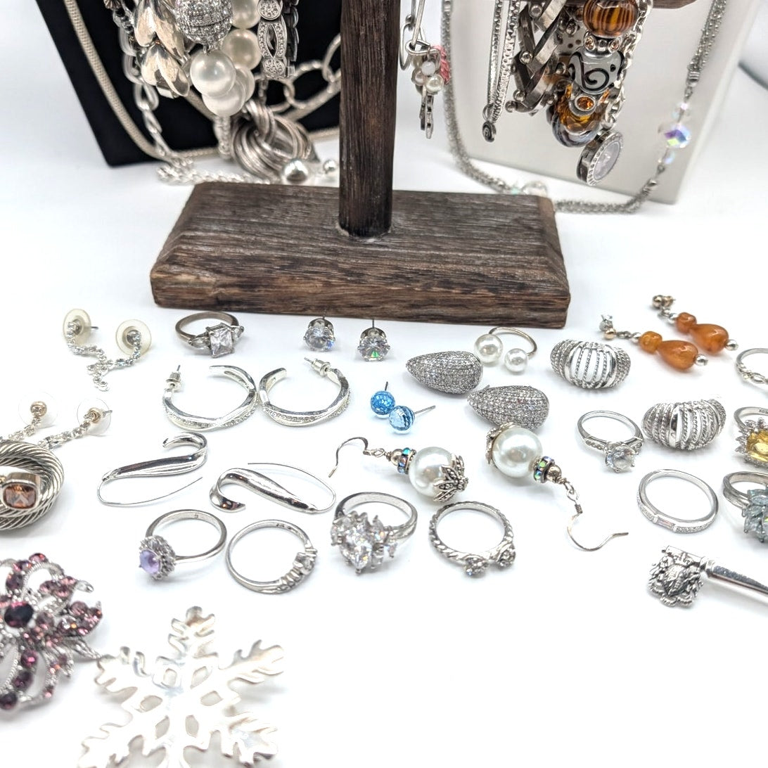 Reseller's Delight 47 Piece Silver Tone Vintage to Modern Costume Jewelry Lot