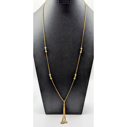 Vintage Sarah Coventry Green Glass Flower Gold Tone Chain Tassel Necklace