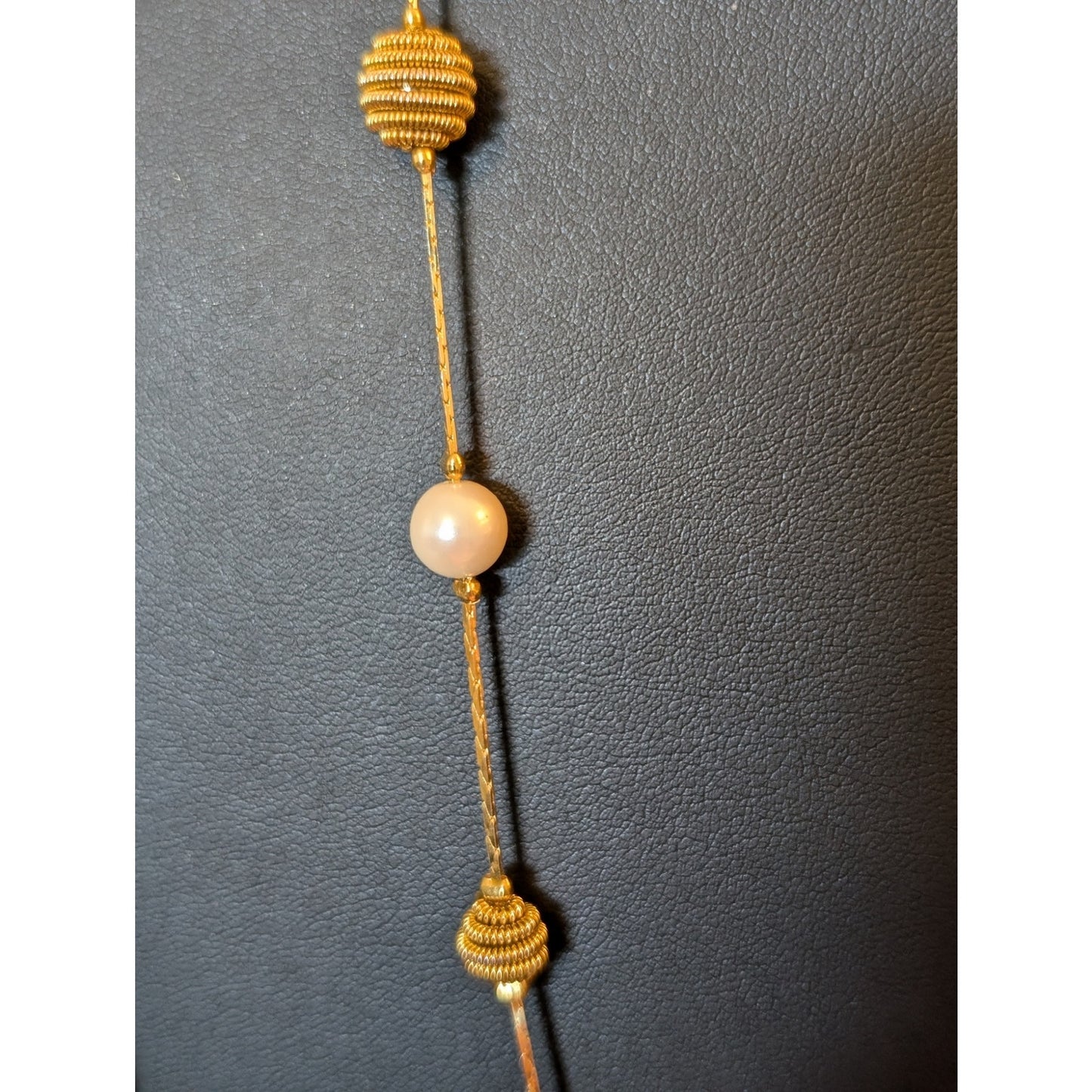 Vtg Trifari Gold Tone Coiled Wire Bead & Faux Pearl Station Long Chain Necklace