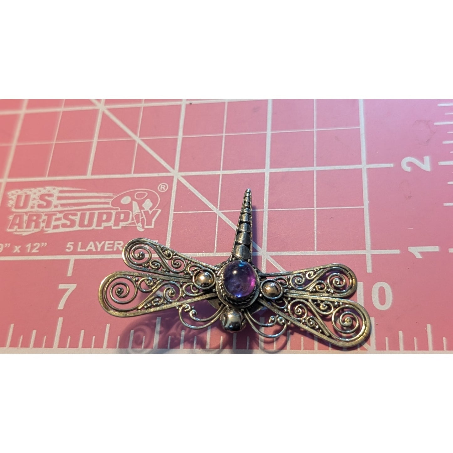 Vintage 925 Filigree Bali Design Amethyst Cabochon Dragon Fly C Clasp Brooch