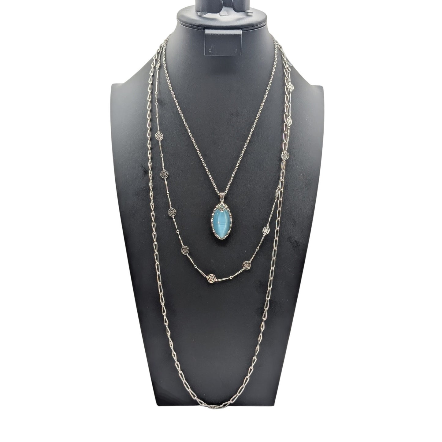 Lot of Three Silver Tone Necklaces-Blue Faux Stone Chain & Avon Vtg Lace Flower