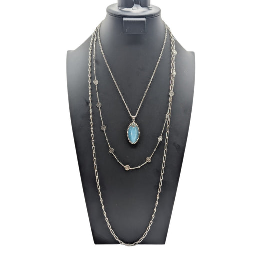 Lot of Three Silver Tone Necklaces-Blue Faux Stone Chain & Avon Vtg Lace Flower