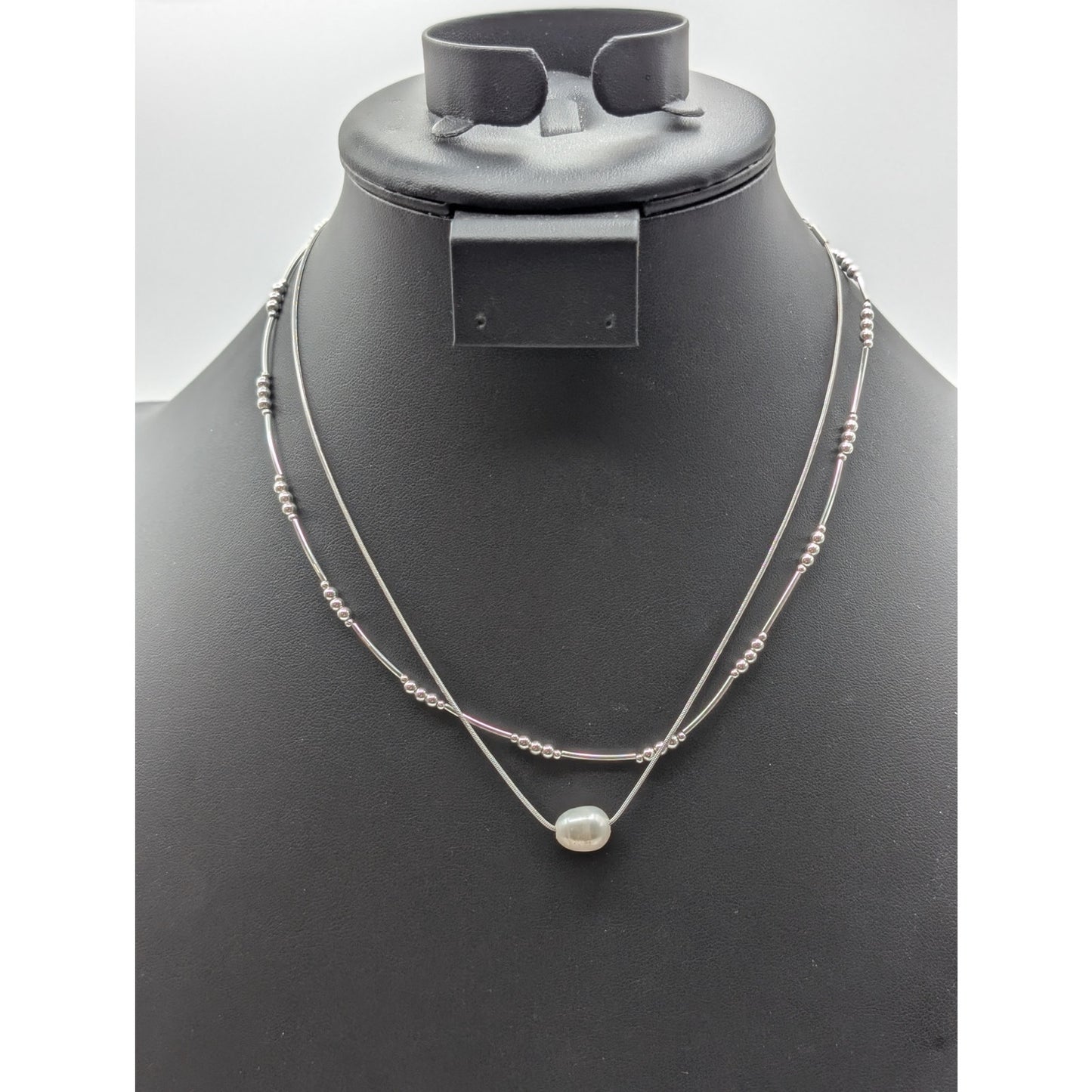 Lot of Two Silver Tone Necklaces -- Napier Bead Curved Bar & Pearl Bead Chain