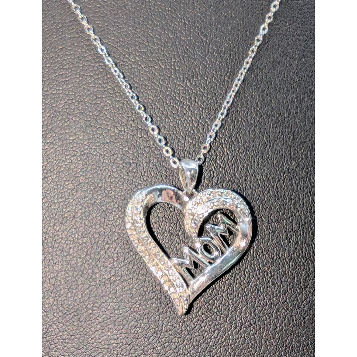 1/10 CT T.W. Diamond 'Mom' Heart 925 Sterling Silver Pendant 18" Chain Necklace