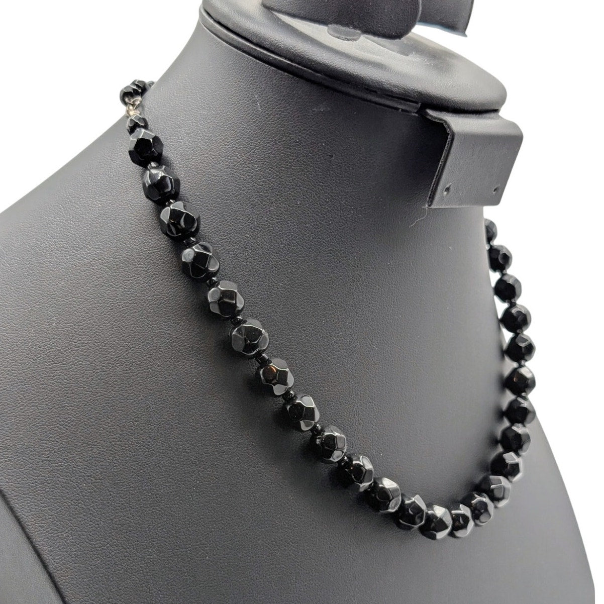Vintage Black Faceted Glass Bead Hook Clasp 16.5"-18.5" Necklace