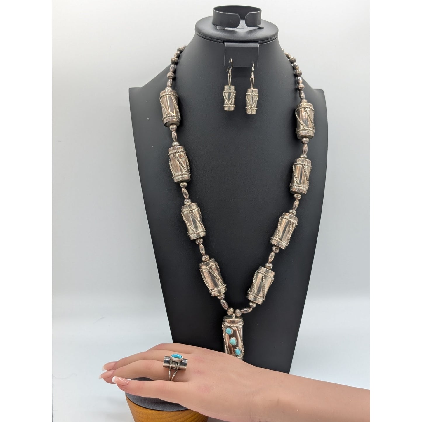 VTG Clyde Woody Navajo Sterling Silver Turquoise Drum Necklace Earring Ring Set