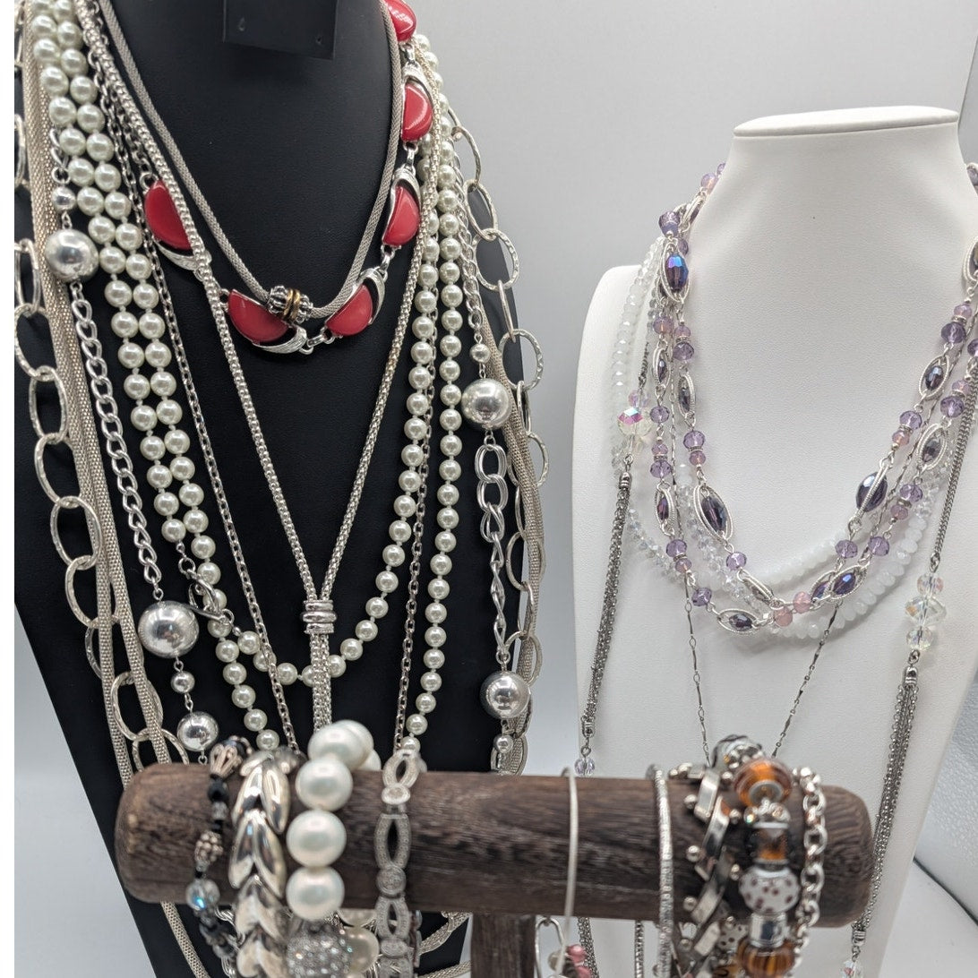 Reseller's Delight 47 Piece Silver Tone Vintage to Modern Costume Jewelry Lot