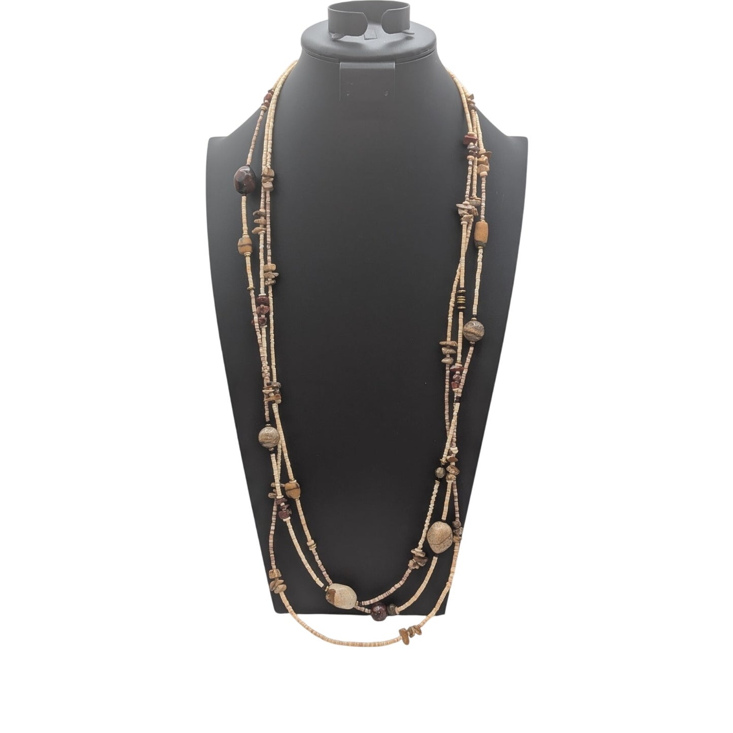 Vintage Three Strand Tiny Heishi Shell Bead Jasper Stone Station Long Necklace