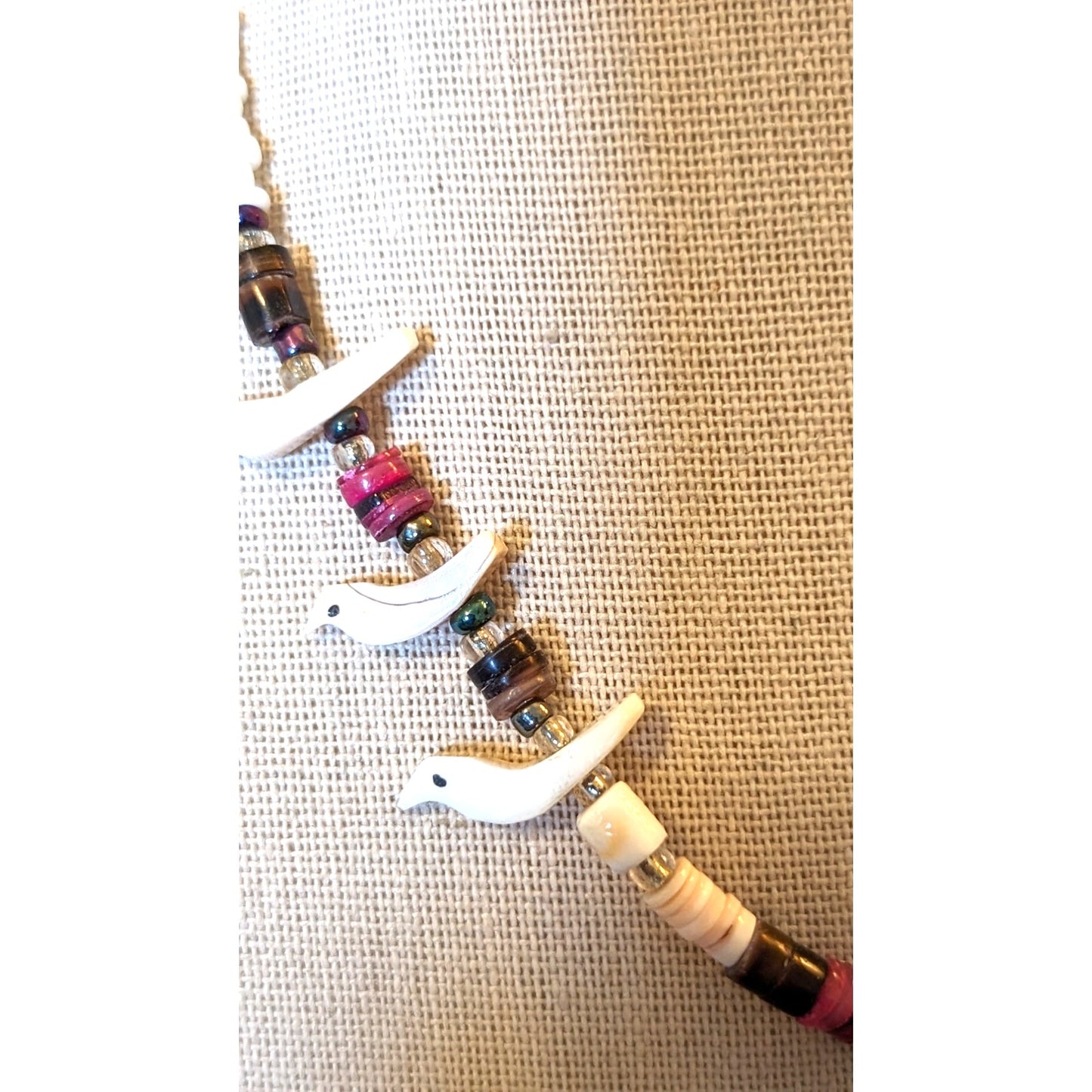 Vintage Carved Bird Fetish Heishi Beaded 18" Necklace W/ Barrel Clasp