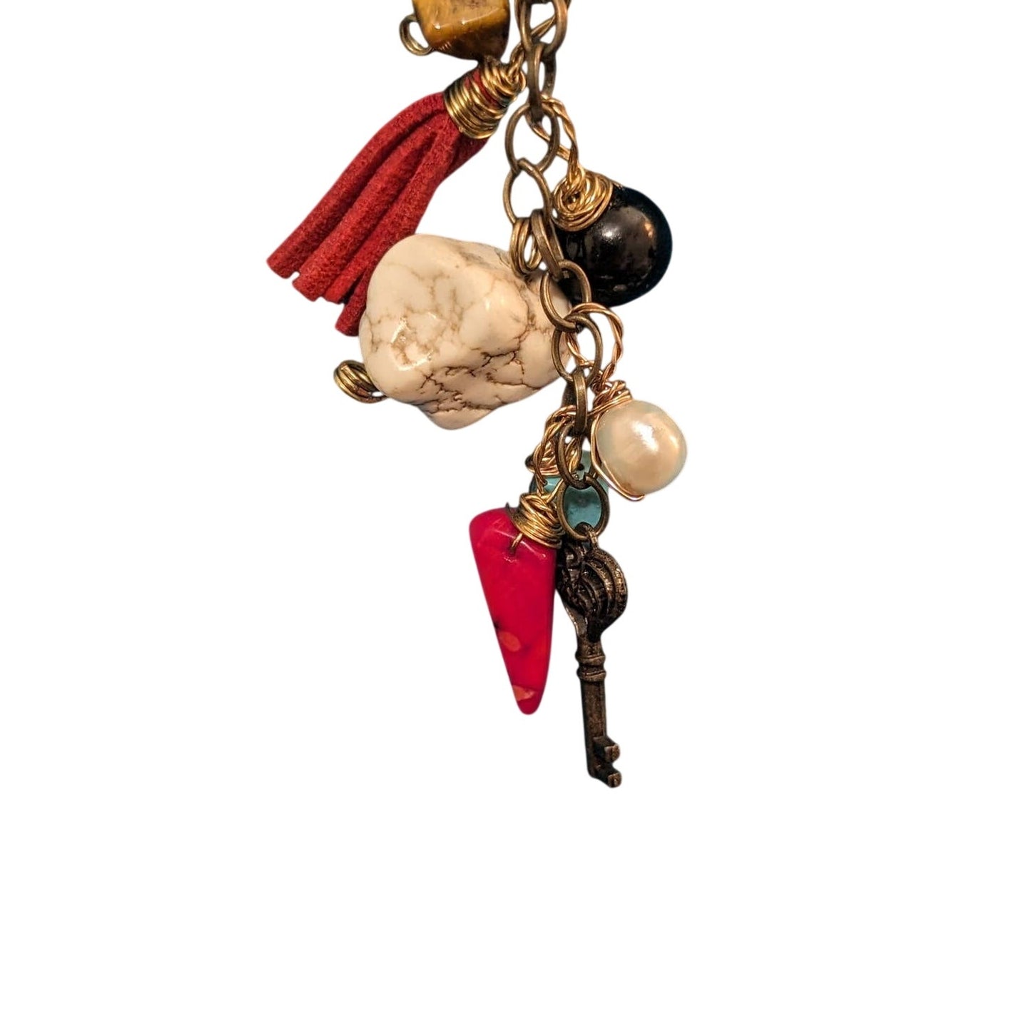 Artisan Cord with Heart, Stone, Tassel, Key and Other Charms Cluster Necklace