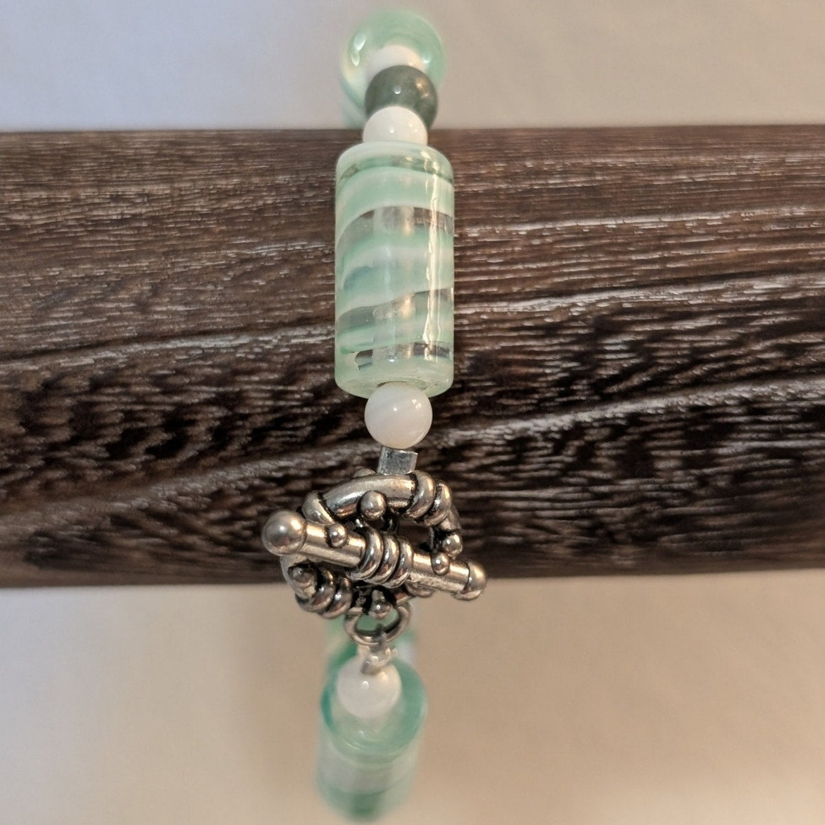 Glass Mint Green Lampwork Elongated Cylinder & Stone & Milk Glass Bead Bracelet
