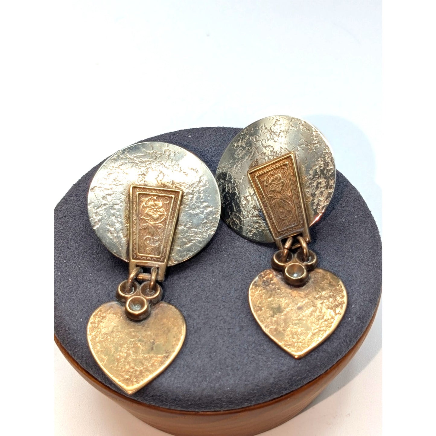 Signed Marjorie Baer SF Mixed Metal Industrial Modern Heart Dangle Clip Earrings