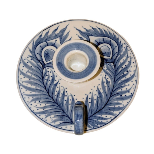 Vintage Blue White Peacock Feather Design Ceramic Chamber Candlestick